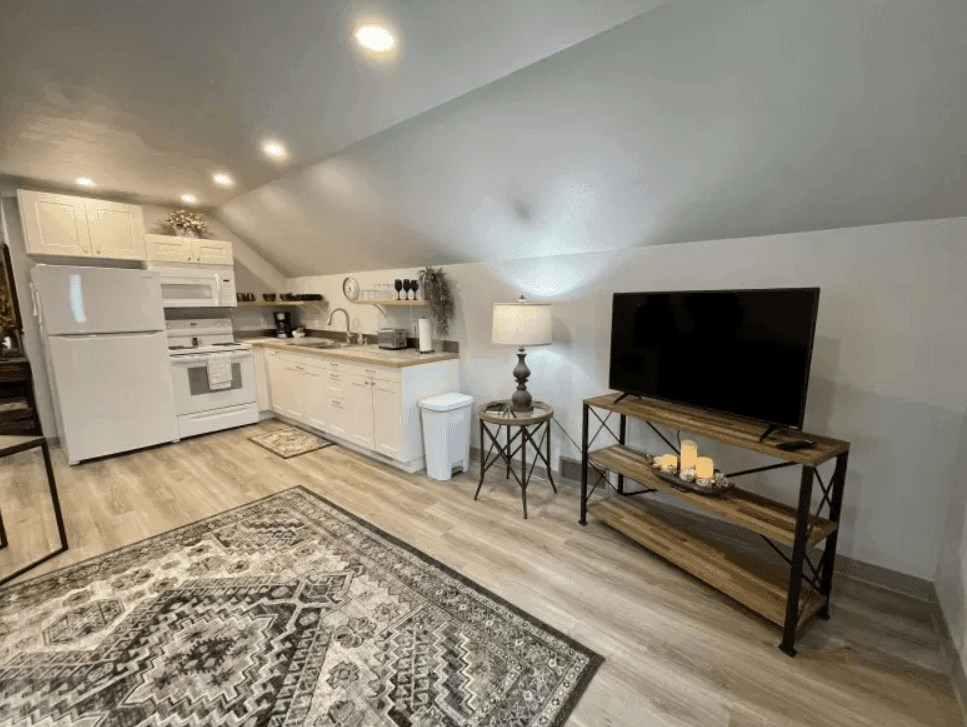 Apartment kitchen and television area with a patterned rug