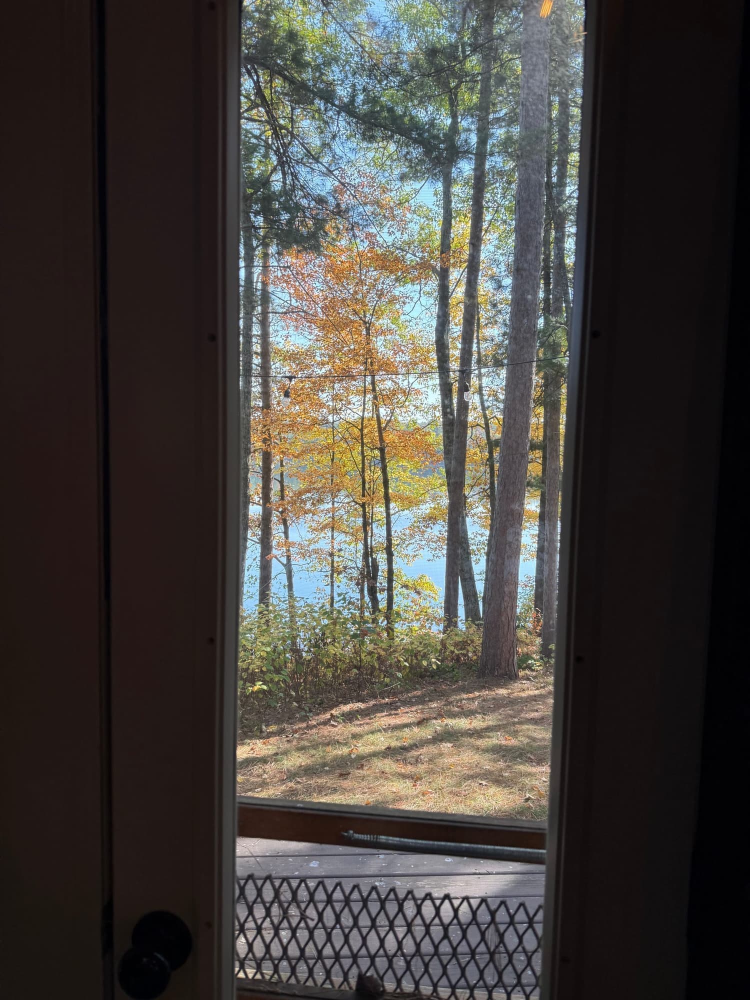 Lake and autumn trees viewed through the yurt's glass door