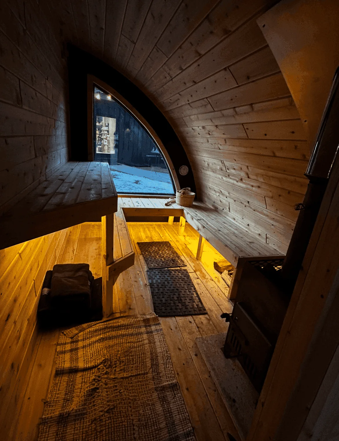 Lakefront sauna at dusk on the Chippewa Flowage
