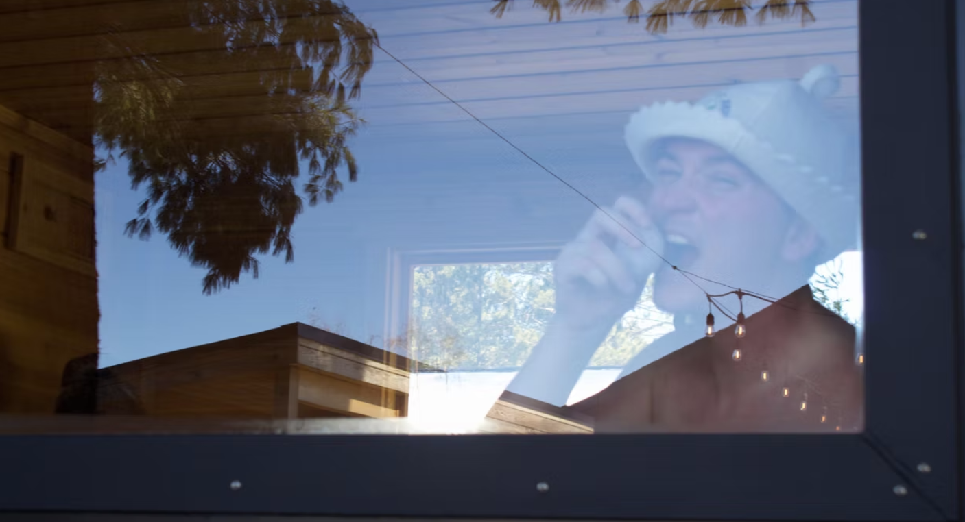 Sauna window reflection with pine trees